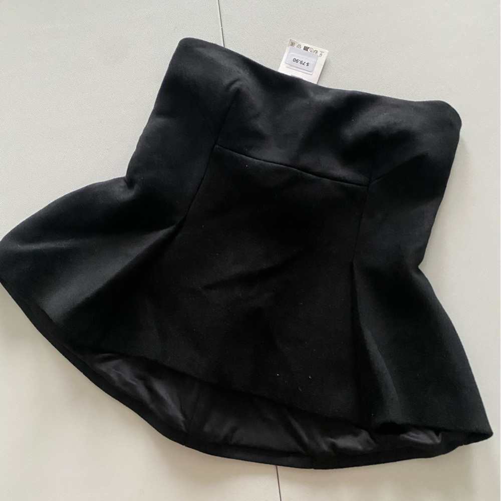 Zara Black Wool Blend Strapless Peplum Top straight neck Pleat detail size L NWT - Picture 3 of 16